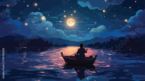 Lokii34 night scenery of a man rowing a boat among many 