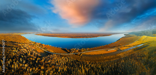 Aerial photography of autumn scenery in the Jiayin Basin of Heilongjiang Province photo