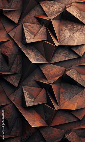 Rust-textured geometric triangles in a 3D abstract pattern.