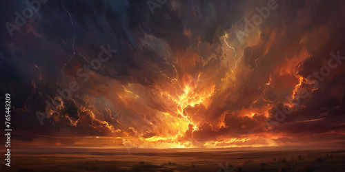 A breathtaking panorama of a fiery sunset with vibrantly colored clouds spread across the vast sky, as rays of light pierce through