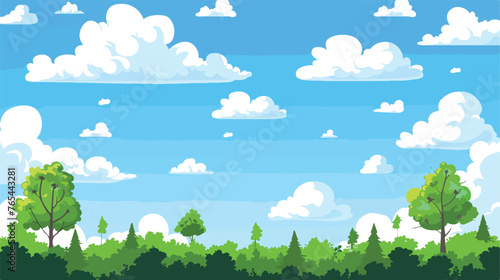 clear blue sky white clouds and trees . flat vector