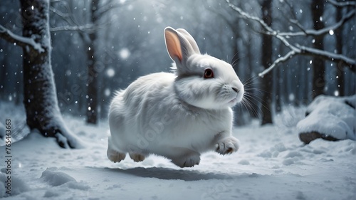 A fluffy white rabbit with determined eyes, leaping through a winter wonderland in pursuit of falling snowflakes.