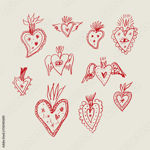 Vintage freaky cool funny doodle sacred heart Valentines love characters. Hand-drawn set of hearts with fire, wings and stars. Antique poster abstraction collection print