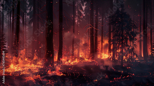 Forest fire with trees on fire