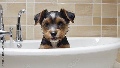 Cute small terrier puppy playing with toy in bathtub colorful background
