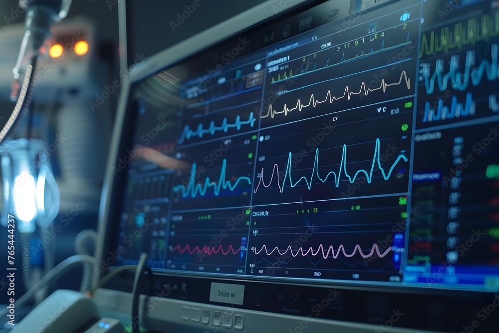 Screen of a Medical Monitor Displaying Diagrams of Vital Signs and Patient Health Data Screen of a Medical Monitor Displaying Diagrams of Vital Signs and Patient Health Data