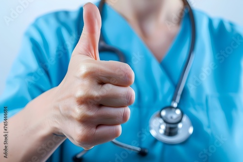 Confident Female Doctor Recommending Medical and Healthcare Services with Reassuring Thumbs-Up Gesture