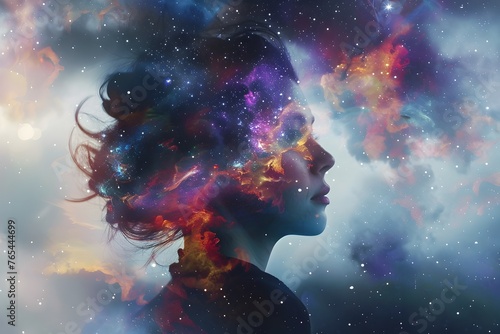 Ethereal Double Exposure Portrait of a Mystical Woman with Colorful Digital Paint Splash and Cosmic Nebula Background