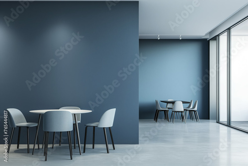 Fototapeta Naklejka Na Ścianę i Meble -  Modern Monochrome Dining Area with Simplistic Furniture Design. Contemporary Minimalist Café Interior with Blue Walls and Sleek Seating