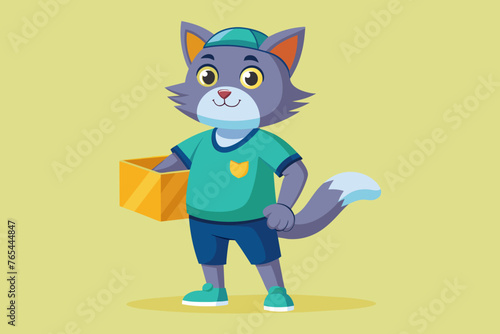 A cat in a T-shirt and shorts holds a box in front of him vector arts illustration