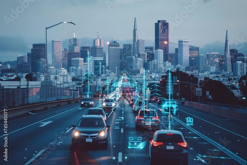 Futuristic Cityscape with AI-Powered Traffic and Security Monitoring in a Vibrant Metropolis