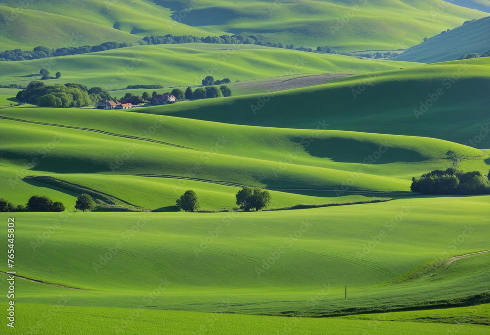 Endless Green Fields, panoramic landscape with green rolling hills in spring sunny morning colorful background