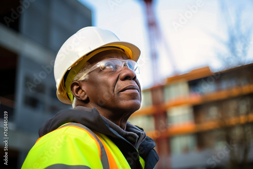 An elderly dark-skinned builder wearing a hard hat and safety glasses on a construction site