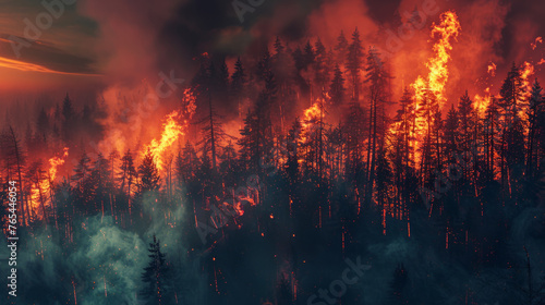 A serene forest tragically consumed by a fierce wildfire, invoking both awe and sorrow in the viewer