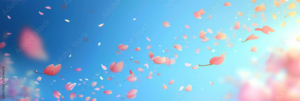  pink blossoms falling from the sky on blue sky background, pink cherry blossoms wallpaper banner, empty space background - obrazy, fototapety, plakaty 