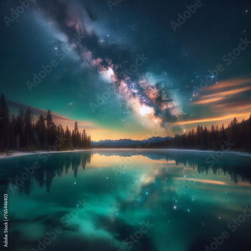 Open lake a night reflecting the galaxy in the clear water 