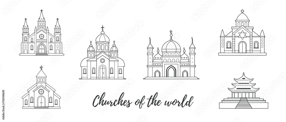 Churches illustrations. Temple, mosque, synagogue, catholic, orthodox. Vector silhouettes color line illustrations on a white background.