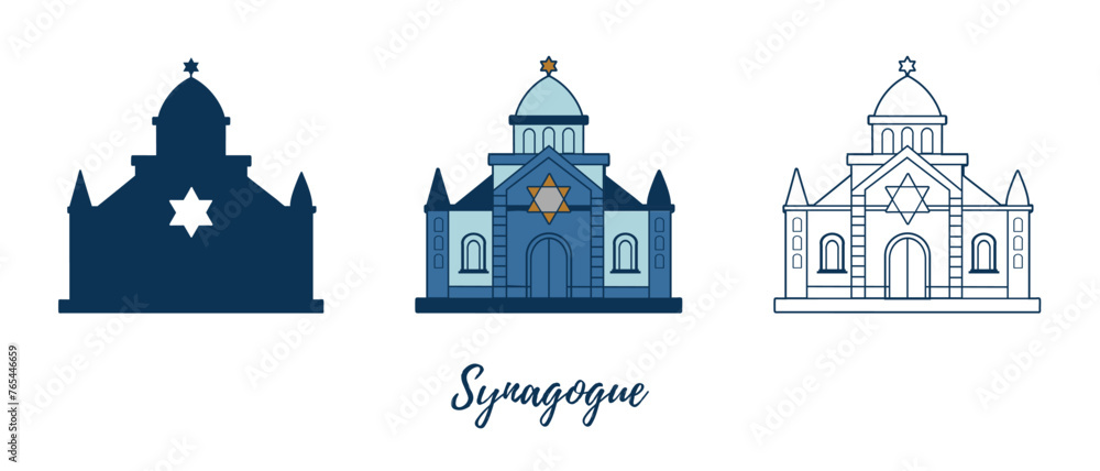 Churches illustrations. Synagogue. Vector silhouettes line color illustrations on a white background.