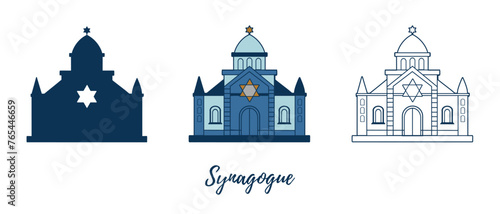Churches illustrations. Synagogue. Vector silhouettes line color illustrations on a white background.