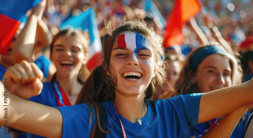 A French soccer fan wearing a blue jersey cheering with her friends in the stadium