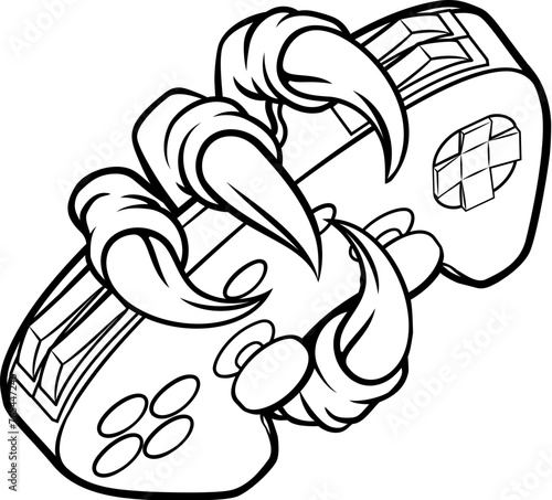 A gamer claw with talons holding a video game controller. Could be a monster like a dragon or dinosaur or perhaps bird like an eagle or hawk. Ripping or tearing through the background.