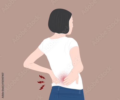 Young woman suffering from back and waist pain, musculoskeletal health problems. Vector illustration