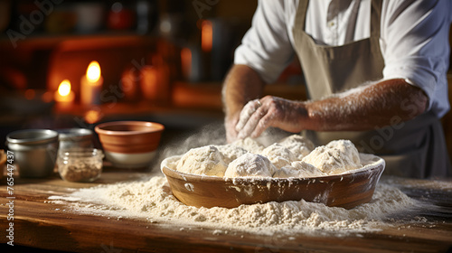 Closed up baker's male is baking flour and knead dough with ingredients for bakery homemade on table in kitchen