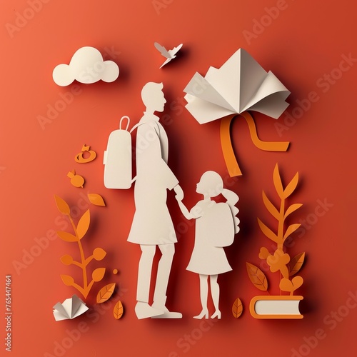 Red paper cutout scene with a figure in a graduation cap and a child leaves and doves concept for graduation parenting, and new beginnings
