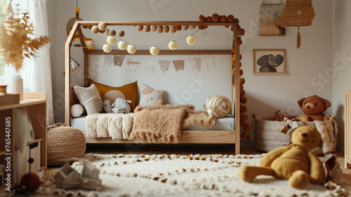 : A woodland-themed nursery with tree mural wallpaper, woodland creature stuffed animals, and a cozy reading nook