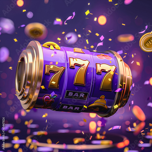 a vibrant purple slot machine with the lucky number seven symbols and golden accents