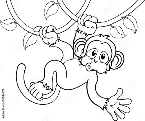 A monkey cartoon character singing on jungle vines and waving