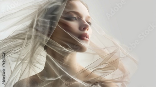 Beautiful young woman wrapped in transparent fabric. Fluttering veil on a beige background