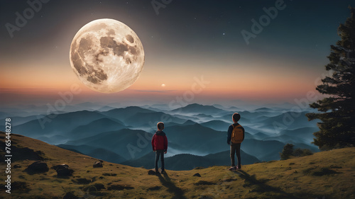 Silhouette of little kids looking at the moon  AI generated image  ai. Children sit and look at the evening sky with stars and the moon.
