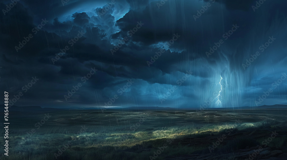 A powerful thunderstorm with lightning strikes illuminates the vast prairie under a tumultuous sky, depicting nature's fury and beauty