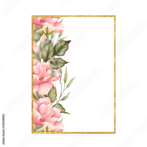 Gold frame with pink rose flower. Floral Wedding card decor