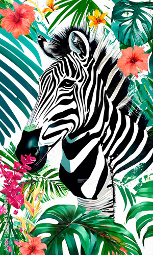 Zebra in a vivid tropical setting  perfect for bold marketing  textiles  and environmental conservation themes.