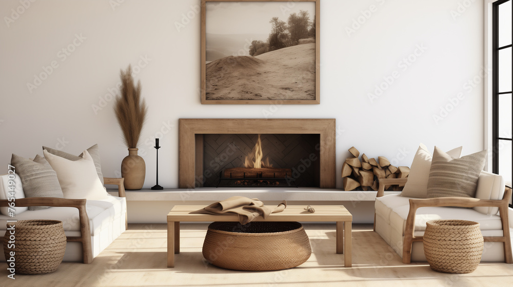 A cozy living room with a fireplace, two armchairs, a coffee table, and a rug. The fireplace is lit and there is a picture of a desert landscape on the wall. A cozy living room with a fireplace, two armchairs, a coffee table, and a rug. The fireplace is lit and there is a picture of a desert landscape on the wall.