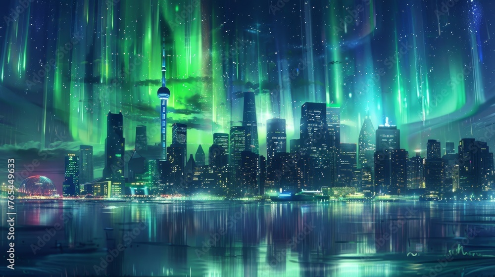 Neon Nights Cityscape Aglow with Aurora Borealis Magic
