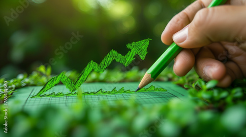 A hand drawing a green upward trending graph on a checkered paper placed amidst lush foliage