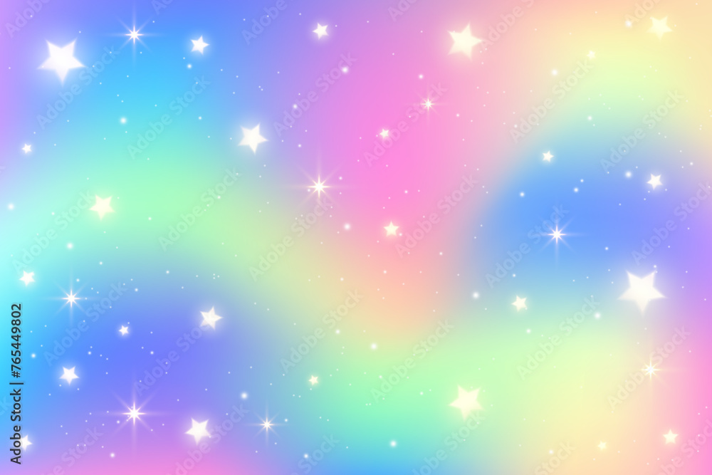 Rainbow unicorn background with glitter and stars. Pastel holographic sky with magic gradient texture. Vector iridescent wallpaper with sparkles
