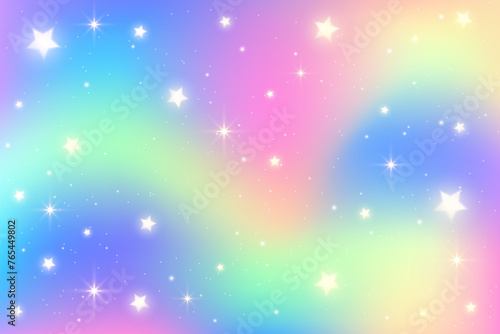 Rainbow unicorn background with glitter and stars. Pastel holographic sky with magic gradient texture. Vector iridescent wallpaper with sparkles
