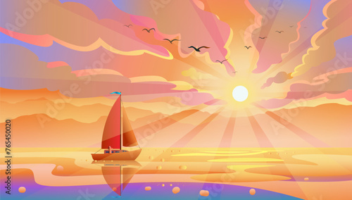 Beautiful seascape reflect purple sunset with tourist in boat.