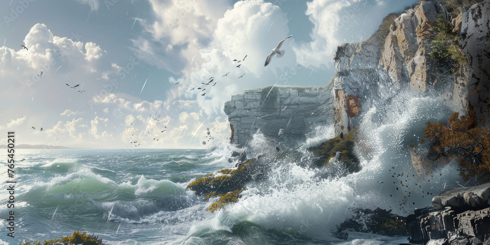 A dramatic scene showing tumultuous waves crashing into towering, bird-dotted cliffs under a dynamic sky