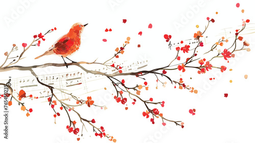 Fototapeta Naklejka Na Ścianę i Meble -  Bird on Flowering Branch with Music Sheet flat vector