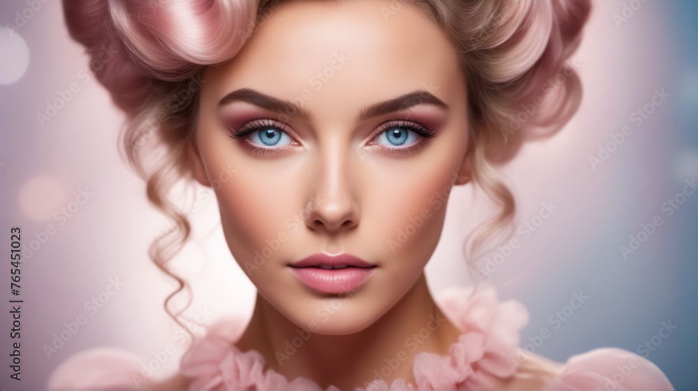 A woman with long pink hair and blue eyes is the main focus of the image. She is wearing a pink dress and has her hair styled in a bun. Scene is elegant and feminine