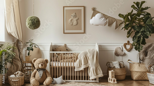  A cozy nursery with warm wood accents, a crib nestled in a corner surrounded by shelves of books and stuffed animals, and a soft rug on the floor for playtime. © Shahid
