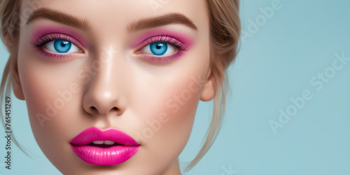 A woman with pink lips and blue eyes. She is wearing pink makeup