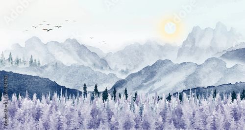 Minimal watercolor landscape with painting art background.