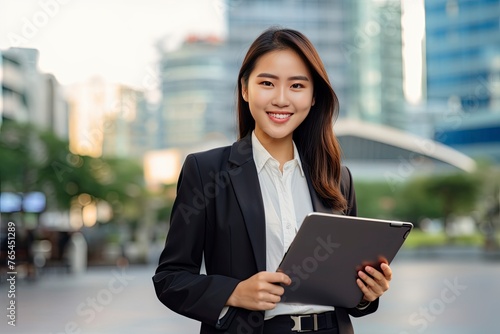 Smiling young Asian business woman leader entrepreneur, professional manager holding digital tablet on the street in big city on sky background - generative ai