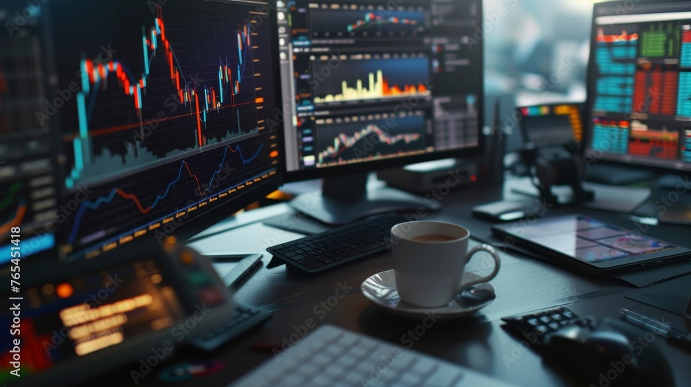 Power and Precision Financial Analyst's Command Center with Multiple Screens and Coffee Cup for Focus and Endurance Power and Precision Financial Analyst's Command Center with Multiple Screens and Coffee Cup for Focus and Endurance